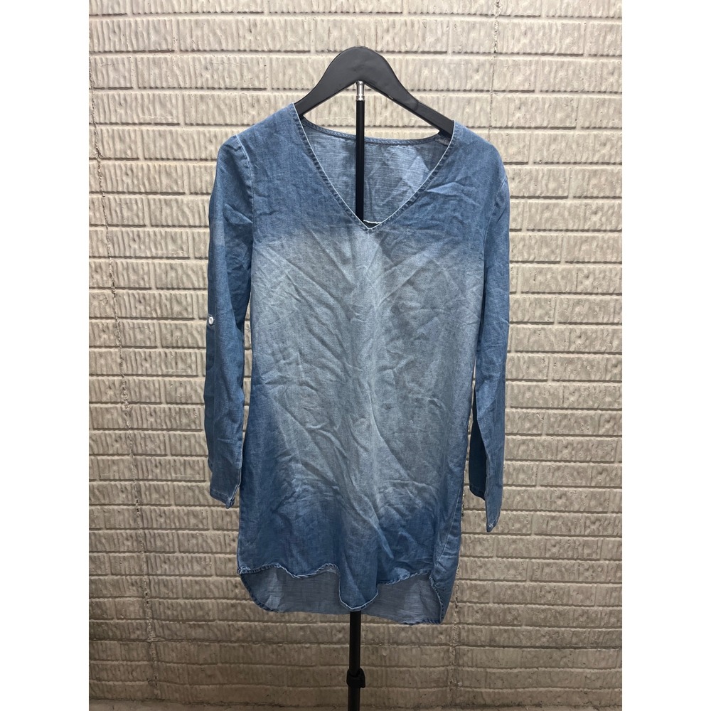 Cupshe Blue Ombre Chambray Denim Tunic Dress V-Neck Roll Tab Sleeve Small NEW